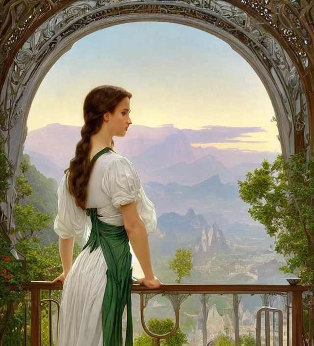 Prompt: intricate oil painting of a young alicia vikander with pointed ears wearing ornate white and light green dress with silver belt, looking out at sunrise over rivendell from her art nouveau balcony, elegant, digital painting, smooth, sharp focus, illustration, ultra realistic, 8 k, by bouguereau, alphonse mucha, artgerm, and donato giancola