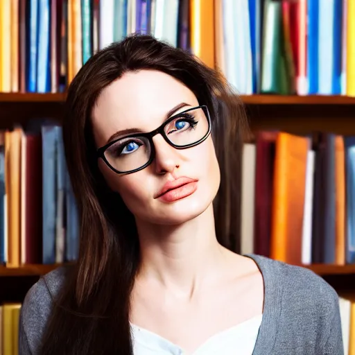 Prompt: portrait beautiful young woman, looks like angeline jolie with black hair and glasses, wearing a white top in the library, 4k