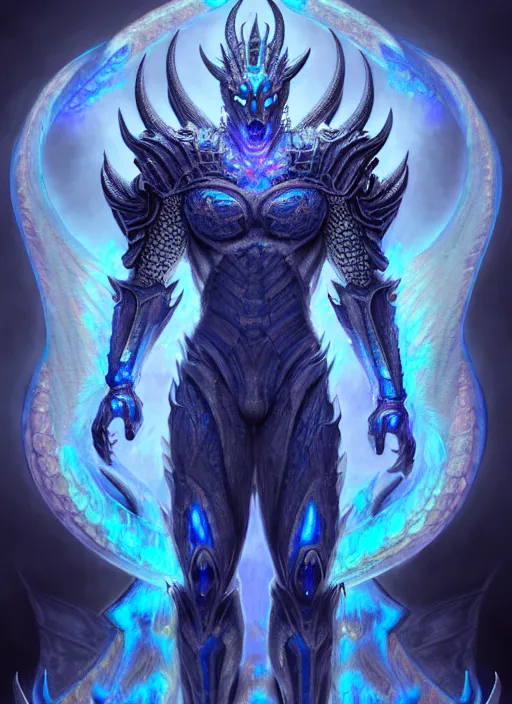 Image similar to muscular and tall blue ghostly fire humanoid dragon!!!! draconian!! intricate ornate iridescent heavy armor!! character concept art, sharp focus, octane render! unreal engine 5! highly rendered!! trending on artstation!! detailed linework!! illustration by artgerm, wlop, and chie yoshii