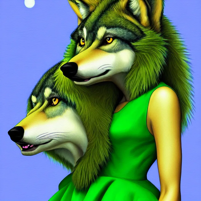 Image similar to a digital painting of an anthropomorphic female wolf fursona wearing a green dress, symmetry, focus, furry, soft lighting, oil on canvas, hyper detailed