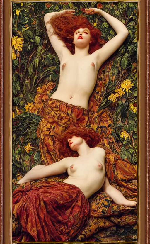 Image similar to preraphaelite full body reclining portrait photography masterpiece hybrid of judy garland and florence welch, foreshortening, brown hair fringe, yellow ochre ornate medieval dress, kilian eng and william holman hunt, frederic leighton, ford madox brown, william morris, framed, 4 k