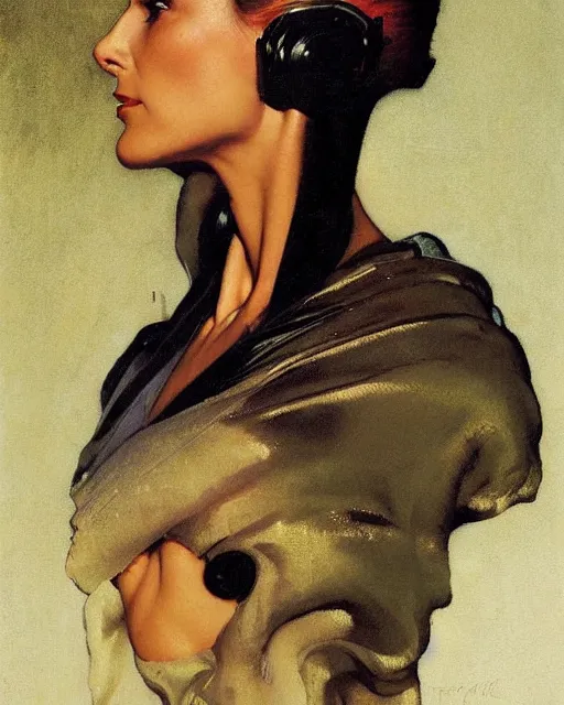 Prompt: head portrait of elegant striking mature space woman in futuristic robe, dynamic, by norman rockwell, roberto ferri, daniel gerhartz, edd cartier, jack kirby, howard v brown, ruan jia, tom lovell, frank r paul, dean cornwell, astounding stories, amazing, fantasy, other worlds