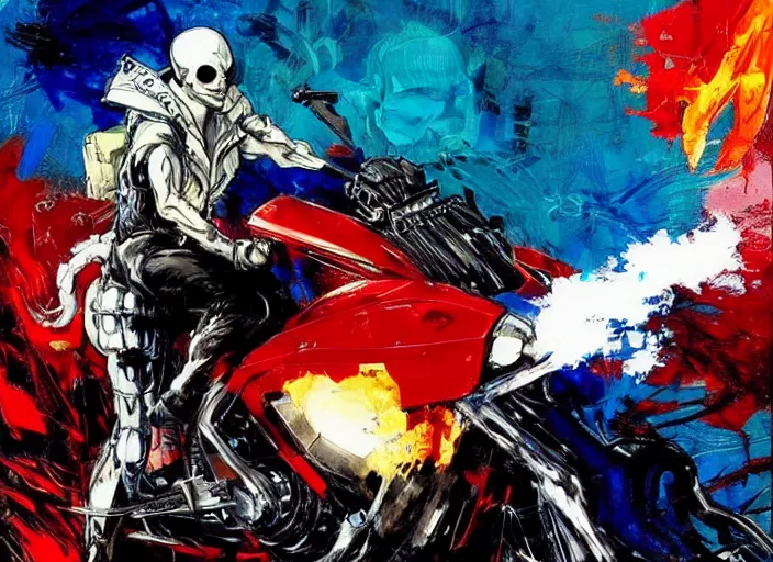 Prompt: anime key visual concept art of marvel ghost rider, riding a red akira motorcycle, by ashley wood, yoji shinkawa, jamie hewlett, 6 0's french movie poster, french impressionism, vivid colors, palette knife and brush strokes, style of kawacy and makoto shinkai and greg rutkowski