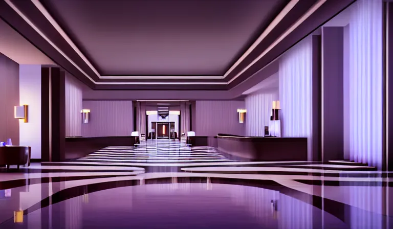 Prompt: a beautiful, sharp focus, clean lines. the interior of an art deco luxury hotel. hotel lobby and receptionist. vaporwave ombre rendering. outrun style. trending on artstation. recommended for you behance. by chris moore. by edward hopper. ambient occlusion. digital matte painting. metropolis filmic. gotham city.