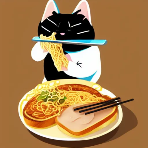 Image similar to cute fat cat sitting in front of ramen noodles on toast, japanese art artstation trending