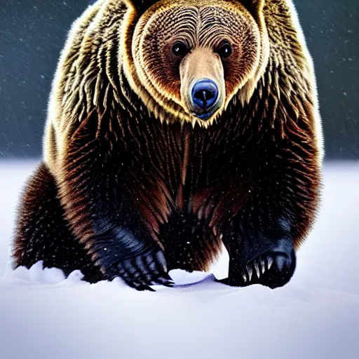 Prompt: a fantasy hybrid creature that has the body of a grizzly bear and the head of an owl, nature photography