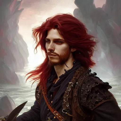 Image similar to portrait of a young ferocious pirate, male, masculine, upper body, red hair, long hair, soft hair, D&D, fantasy, intricate, elegant, highly detailed, digital painting, artstation, concept art, matte, sharp focus, illustration, art by Artgerm and Greg Rutkowski and Alphonse Mucha