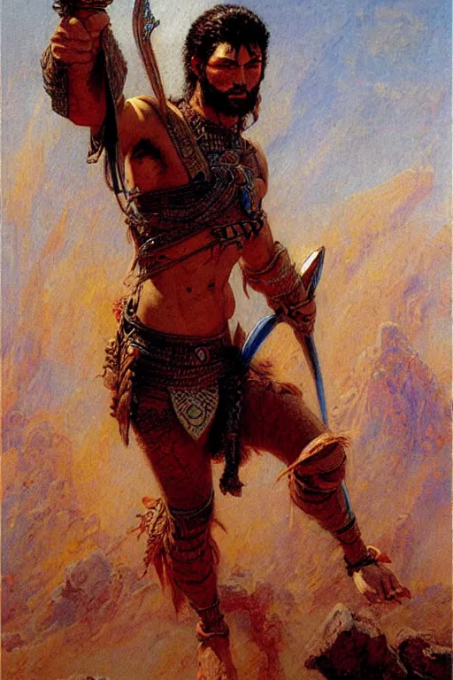 Image similar to warrior, male, character design, painting by jean giraud, gaston bussiere