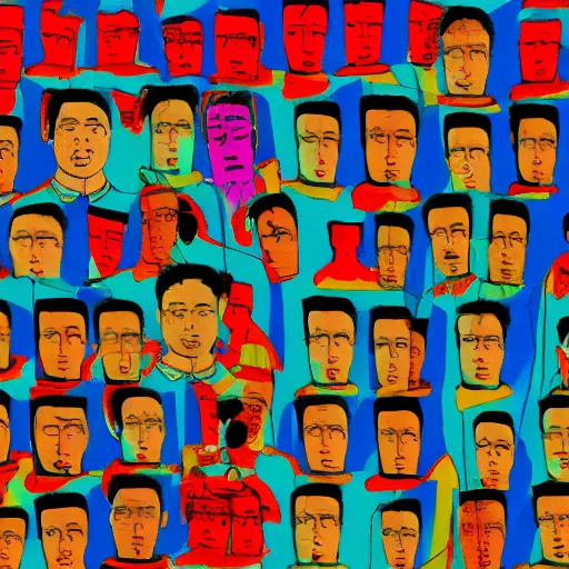 Image similar to a chinese prison, in the style of daniel johnston and outsider art, 8 k, line brush, minimal, brightly coloured, flat blocks of color, overlaid with chinese adverts