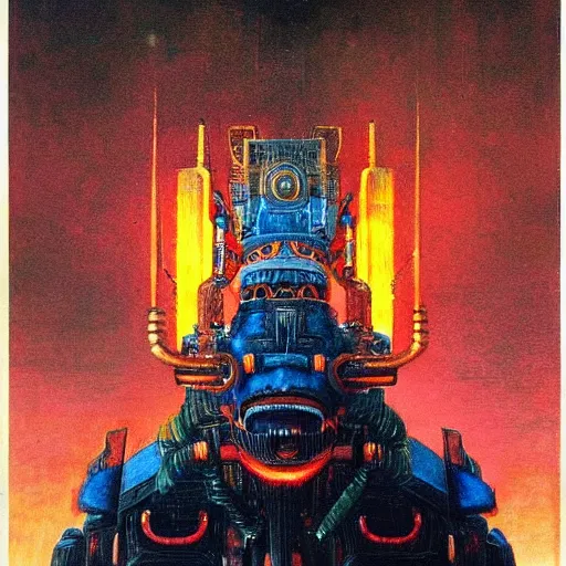 Image similar to giant mayan mecha with flaming eyes standing over city, perfectly clear face, by j. c. leyendecker and beksinski