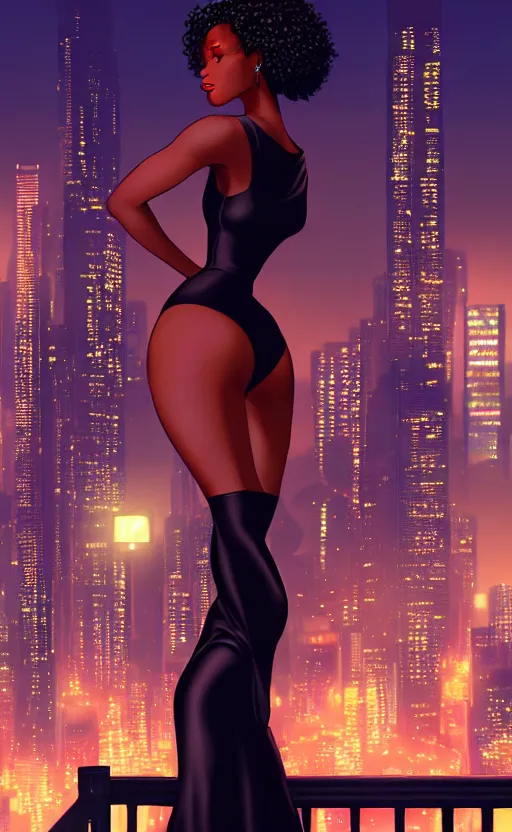 Prompt: a beautiful black femme fatale woman wearing a cocktail dress and heels, blade runner city in the background, at night, anime. realistic shaded lighting by ilya kuvshinov giuseppe dangelico pino and michael garmash and rob rey, 8 k