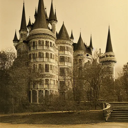 Image similar to an award winning photo by william christenberry of a majestic, highly detailed beautiful very tall castle in the middle of an empty city, light rays, rayleigh scattering