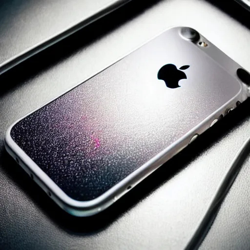 Image similar to promotional photograph for a futuristic iphone made in 2 0 4 0, beautiful photograph, studio lighting, advertisement, 4 k quality, 8 k quality, futuristic!!!! reflective material, intricate texture!!! glowing apple logo