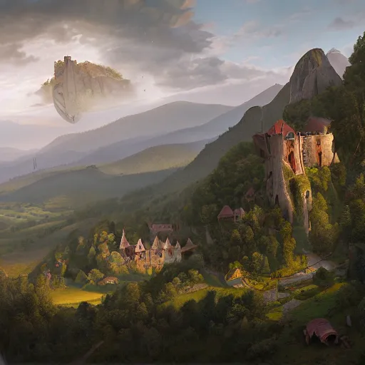 Prompt: Vast verdant valley surrounded by Transylvanian mountains, with a large zeppelin hovering in the foreground, and a ruined medieval castle on the hillside in the background. No villages. Late evening light in the summer, gloomy weather. Hyperrealistic, high quality, sharp, highly detailed, peter mohrbacher, ansel adams.
