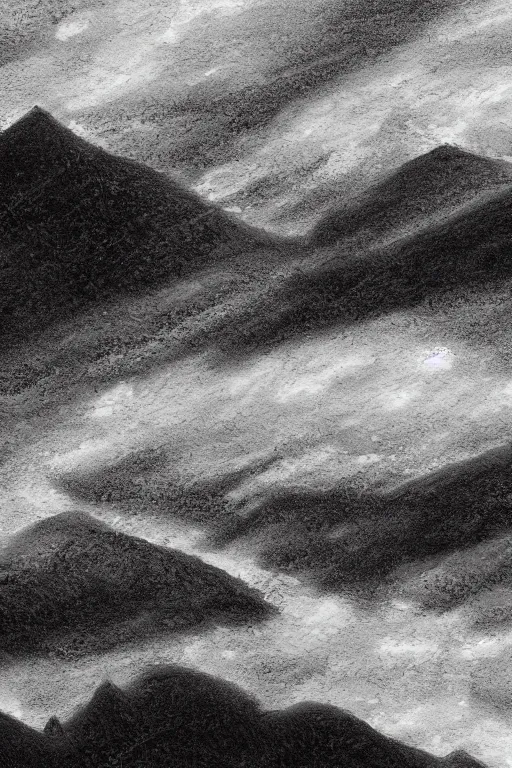 Prompt: hyper realistic nature, pastel monochrome dark color palate, snowy craggy sharp mountains, stormy weather, stream, drone painting, 8 k