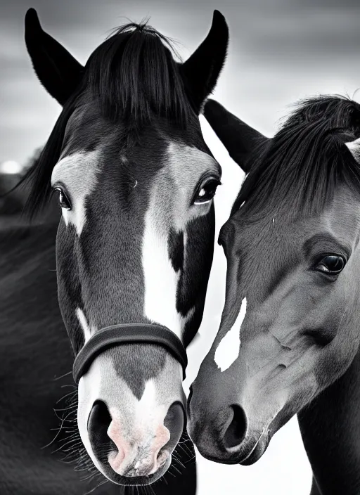 Image similar to two horses black and white portrait white sky in background