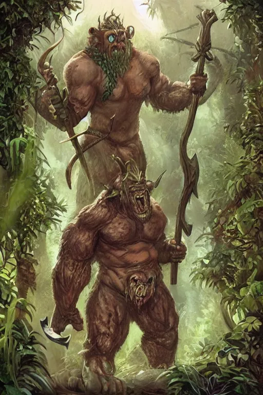 Image similar to giant orc and angler - fish hybrid beast holding an axe : : fantasy style : : jungle scenery