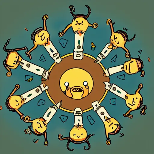 Image similar to a group of lovecraftian cultists in a circle performing a ritual in the style of adventure time