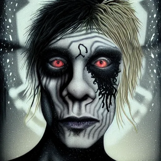 Image similar to stunning portrait of gaunt iggy pop a ( the cure fan ) as dream from sandman, dim stars as eyes, by jeremy mann, by cedric peyravernay, by by russ mills, by richard avedon and ben templesmith, dramatic lightning, sadness, dark eye sockets, in the shadows, punk rock, gothic, high detailed, 8 k