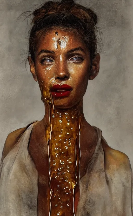 Image similar to portrait of an ancient girl, honey dripping on top of her, oil coming out of her mouth, gipper realistic, high tech!