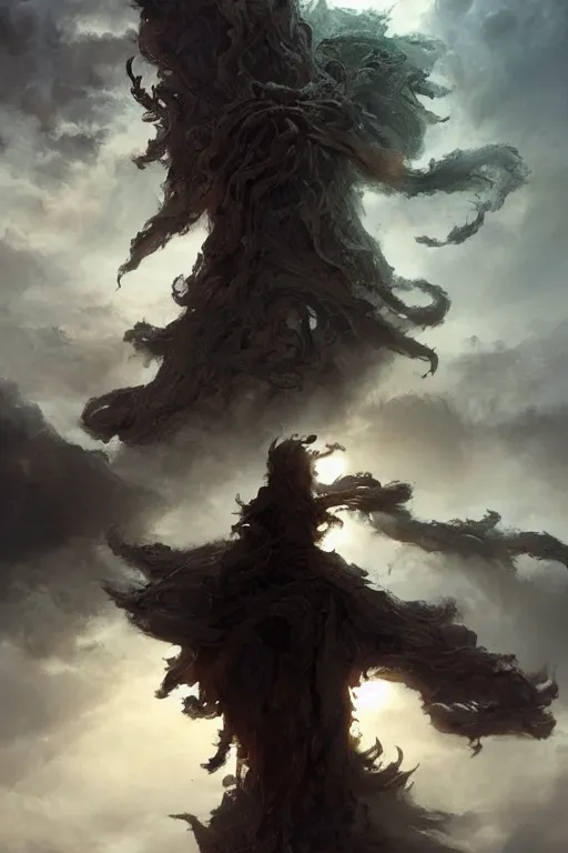 Prompt: art installation, cthulu descending from the clouds, intricate, beautiful cinematic lighting, stunning painting by artgerm and ruan jia