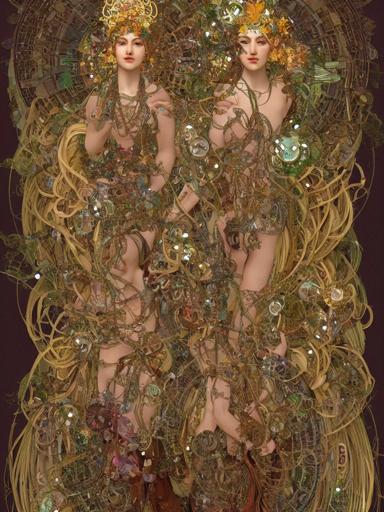 Prompt: a centered beautiful tribal goddesses is surrounded by intertwining bio - mech tendrils made of machine and robot parts and gemstones and leaves and feathers, full body, gorgeous face, perfect face, powerful, by alphonse mucha and justin gerard and james jean, 3 d, cinema 4 d render, trending on artstation, octane render, 8 k