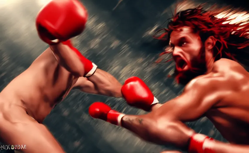 Prompt: hyperrealistic photo of Jesus Christ fighting red-skinned Satan devil demon Lucifer hellspawn in the face on the floor of a boxing ring, 8k cinematic, epic fight scene, DSLR focus on the subjects