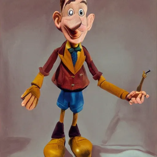 Image similar to disney's pinocchio cartoon puppet, high quality high detailed painting by lucian freud, hd, photorealistic lighting