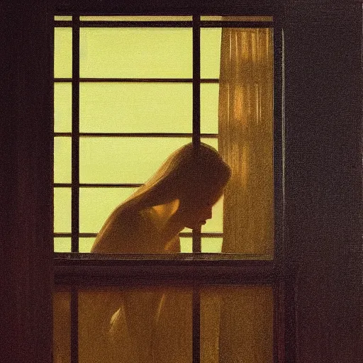 Image similar to silhouette of a Elle Fanning gazing out her hotel window at the rain, extremely detailed masterpiece, oil on canvas, in the world of Blade Runner 2049, low-key neon lighting, artstation, by J. C. Leyendecker and Peter Paul Rubens,