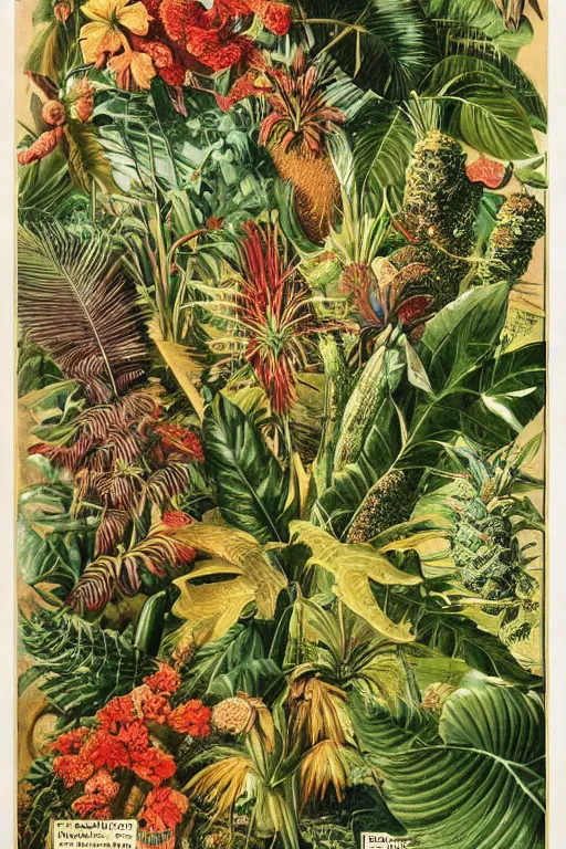 Image similar to vintage magazine advertisement depicting all of the tropical plants in the world, by marius lewandowski, by ernst haeckel