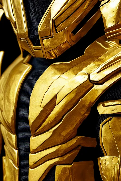 Prompt: high detail close up photography of ancient gold saiyan space armor.