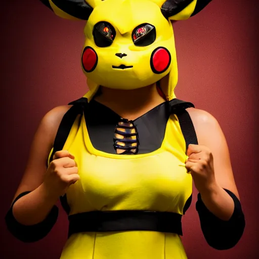 Image similar to woman dressed up as mortal kombat pikachu, cosplay, fashion portrait by Bruce Webber, studio lighting, 4k, beautiful highly symmetric features