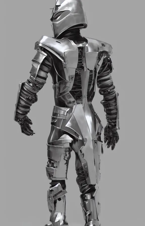 Image similar to futuristic warrior with latex and steel details, with his back to the viewer, futuristic space suite, back light, full body view, 8 k, 3 d render, cinematic lighting