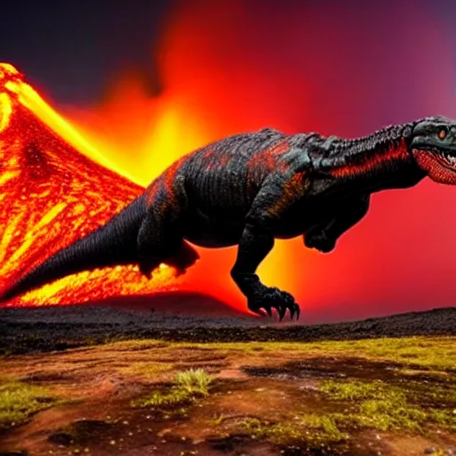 Prompt: Tyrannosaurus Rex jumping into volcano, lava erupting, fire, reddish sky, hyper realistic