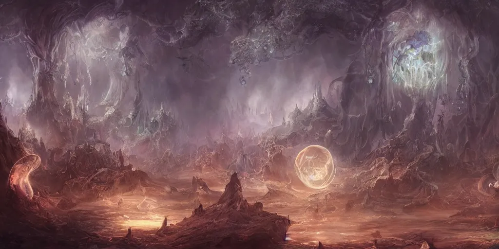 Image similar to concept art of translucent glowing fairies, lovecraftian, renaissance, melting, round moon, rich clouds, fighting the horrors of the unknown, very detailed, volumetric light, mist, fine art, decaying, textured oil over canvas, epic fantasy art, very colorful, ornate intricate scales