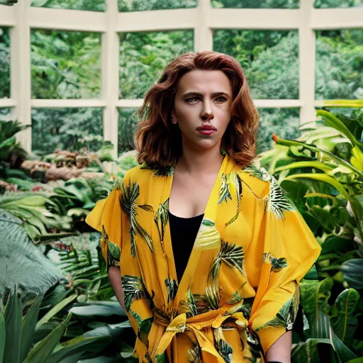 Image similar to head to waist medium format portrait photograph of scarlett johansson wearing a yellow kimono in a tropical greenhouse. super resolution. 85 mm f1.8 lens.bokeh.graflex.