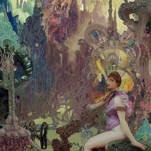 Image similar to a beautiful matte painting of lost in wonderland, a grand scale dystopic event by giger and lisa frank and alphonse mucha