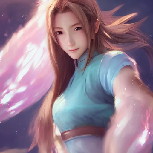 Image similar to face and body of aerith ff7 by wlop, rossdraws, mingchen shen, bangkuart, sakimichan, yan gisuka, jeongseok lee, artstation, 4k