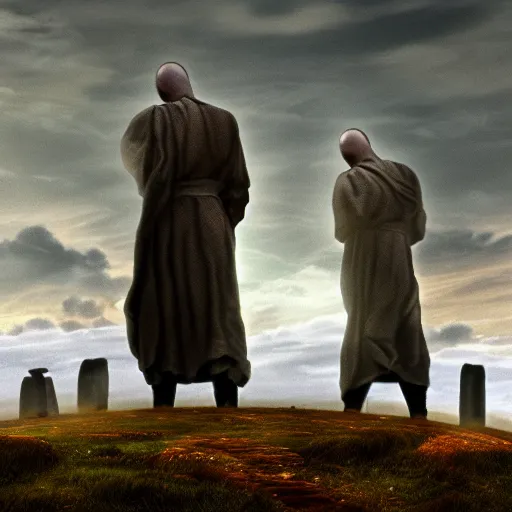 Image similar to highly detailed landscape with two monks praying with stonehenge in the background 1 9 8 0 s science fiction, 1 9 7 0 s science fiction, cyberpunk, moody, misty, depth perception, 4 k, artstation