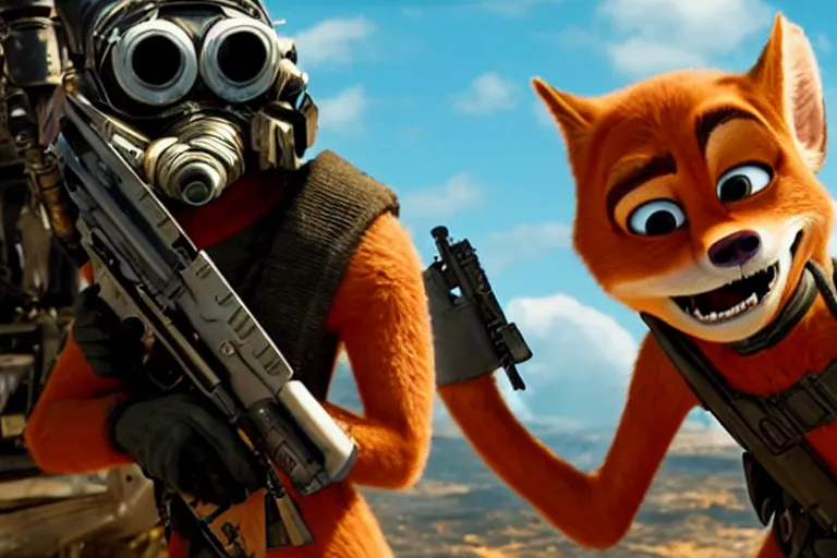 Image similar to nick wilde, heavily armed and armored facing down armageddon in a dark and gritty reboot from the makers of mad max : fury road