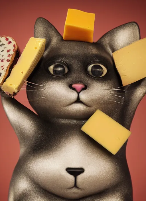 Image similar to closeup portrait of tin toy napoleon cat holding cheese, depth of field, zeiss lens, detailed, symmetrical, centered, fashion photoshoot, by nicoletta ceccoli, mark ryden, lostfish, earl nore, hyung tae, frank frazetta, breathtaking, 8 k resolution, extremely detailed, beautiful, establishing shot, artistic, hyperrealistic, octane render