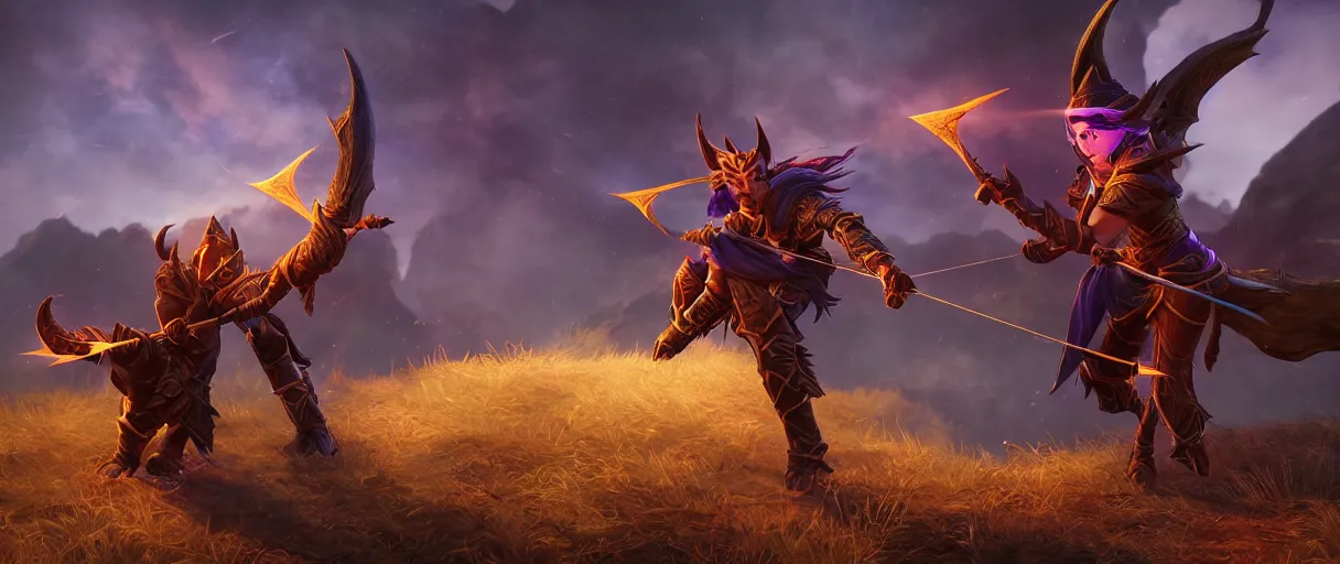Prompt: a night elf hunter casting magic arrows with ravager pet lord dramatic lighting cinematic establishing shot extremely high detail foto realistic cinematic lighting post processed