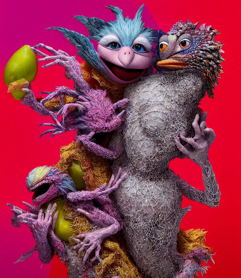 Image similar to hyper detailed 3d render like a Oil painting - kawaii portrait of lovers hugging Aurora (a beautiful girl skeksis muppet fae princess protective playful expressive acrobatic from dark crystal that looks like Anya Taylor-Joy) seen red carpet photoshoot in UVIVF posing in scaly dress to Eat of the Strangling network of yellowcake aerochrome and milky Fruit and His delicate Hands hold of gossamer polyp blossoms bring iridescent fungal flowers whose spores black the foolish stars by Jacek Yerka, Ilya Kuvshinov, Mariusz Lewandowski, Houdini algorithmic generative render, golen ratio, Abstract brush strokes, Masterpiece, Edward Hopper and James Gilleard, Zdzislaw Beksinski, Mark Ryden, Wolfgang Lettl, hints of Yayoi Kasuma and Dr. Seuss, Grant Wood, octane render, 8k