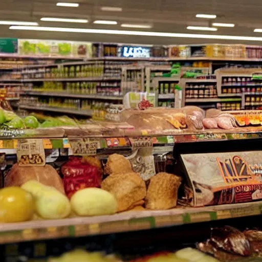 Image similar to a film still of a supermarket in the mandalorian