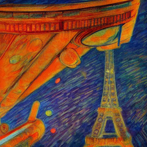 Prompt: starship enterprise next to the eiffel tower, oil painting by toulouse lautrec, wallpaper