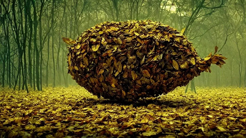 Image similar to the strange creature, made of leaves, film still from the movie directed by Denis Villeneuve with art direction by Salvador Dalí, wide lens