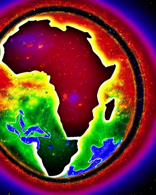 Image similar to a extremely ultra highly detailed hi - res ultra highly detailed colorful logo of africa black backround, zoom out, 8 k, high textures, ultra hyper sharp, insanely detailed and intricate, super detailed, 3 d render, 8 k hdr ultra high quality high polygon, psychedelic, retrowave, trippy, digital art,