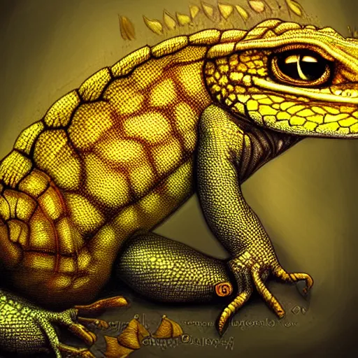 Prompt: portrait of yellow lizard, cult attire, antropomorphic, fantasy digital art, art station