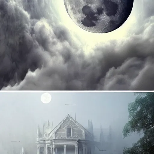 Image similar to Step out the front door like a ghost into the fog, Where no one notices the contrast of white on white, And in between the moon and you, The angels get a better view Of the crumbling difference between wrong and right, highly detailed matte painting