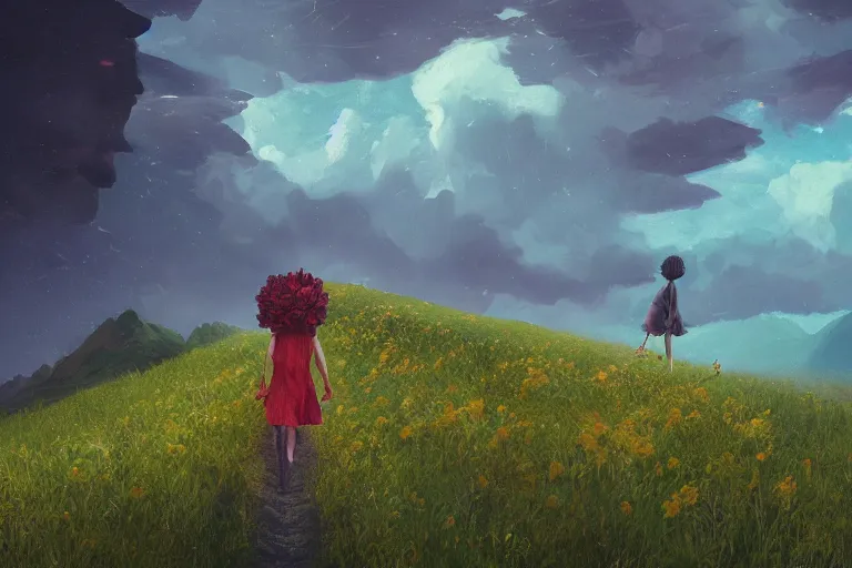 Image similar to giant dahlia flower as a head, girl walking on mountain, surreal photography, stars, dramatic light, impressionist painting, storm clouds, digital painting, artstation, simon stalenhag